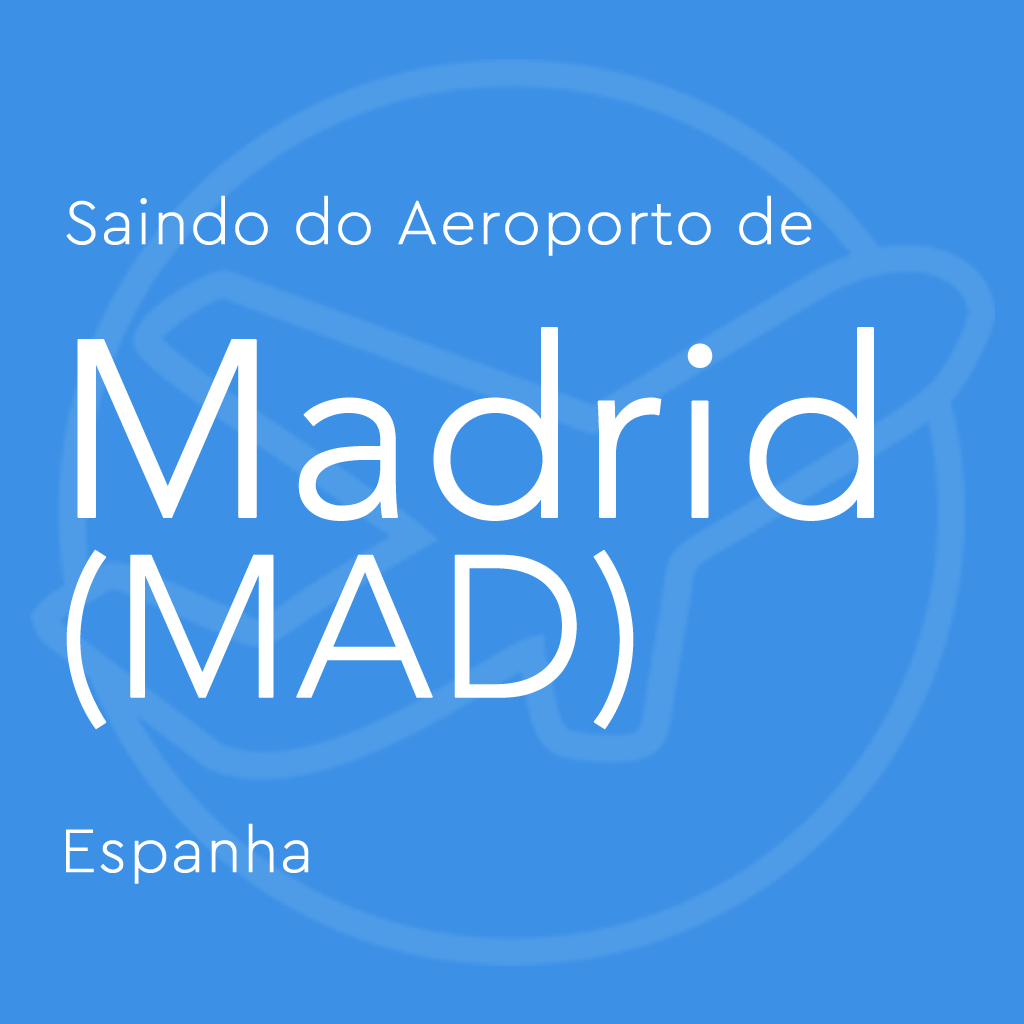 Imagem com fundo cinza claro, frase “Saindo do Aeroporto de Madrid (MAD)” em letras escuras, com ícone de avião ao fundo e “Espanha” destacado abaixo.