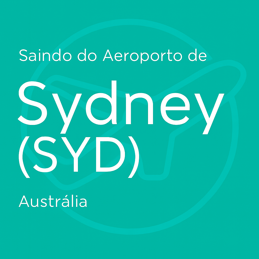 Letreiro verde água com “Saindo do Aeroporto de Sydney (SYD) – Austrália”