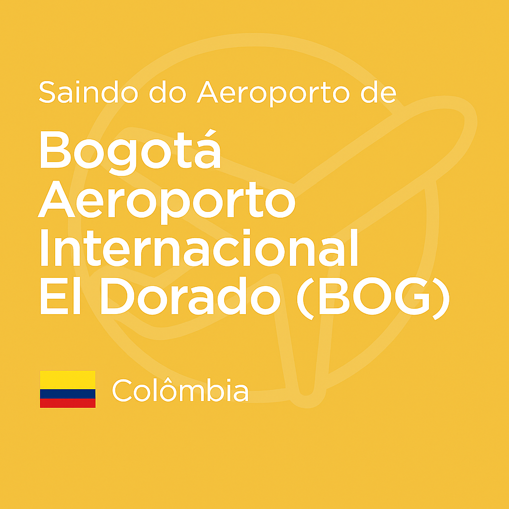 Imagem com fundo amarelo (#F4C145), texto branco “Saindo do Aeroporto de Bogotá Aeroporto Internacional El Dorado (BOG)” e bandeira da Colômbia abaixo, com ícone de avião em marca d’água ao fundo.