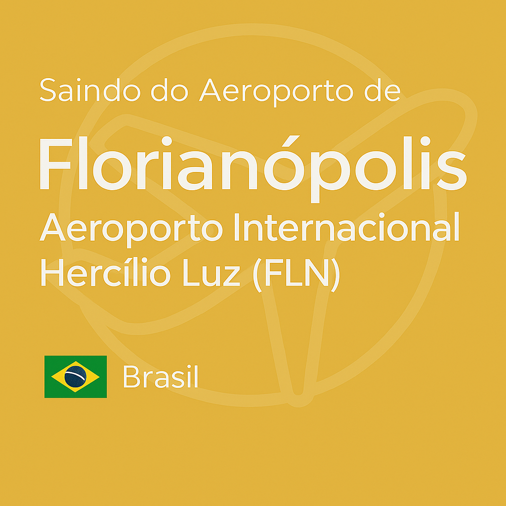 Imagem quadrada com fundo amarelo (#F4C145), texto branco “Saindo do Aeroporto de Florianópolis Aeroporto Internacional Hercílio Luz (FLN)”, bandeira do Brasil abaixo e ícone de avião em marca d’água ao fundo.