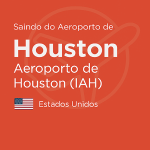 Imagem quadrada com fundo vermelho-alaranjado (#E05A47), texto branco “Saindo do Aeroporto de Houston (IAH)”, bandeira dos Estados Unidos abaixo e ícone de avião em marca d’água ao fundo.