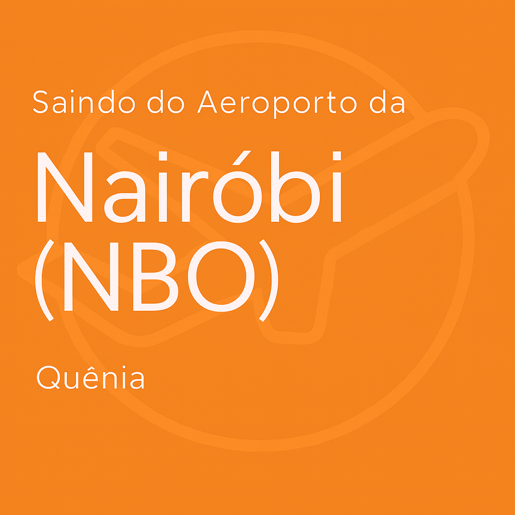 Letreiro laranja com “Saindo do Aeroporto de Nairóbi (NBO) – Quênia”