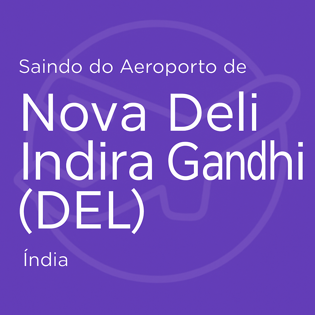 Letreiro roxo com “Saindo do Aeroporto de Nova Deli (DEL) – Índia”