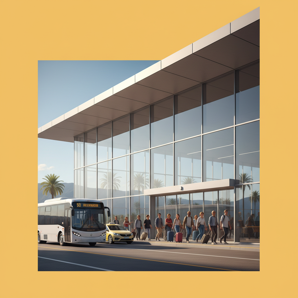 Guia completo sobre como sair do aeroporto com tranquilidade: passageiros felizes e relaxados navegando pelo terminal de chegada com suas malas, indicando opções de transporte fácil e um desembarque sem estresse.