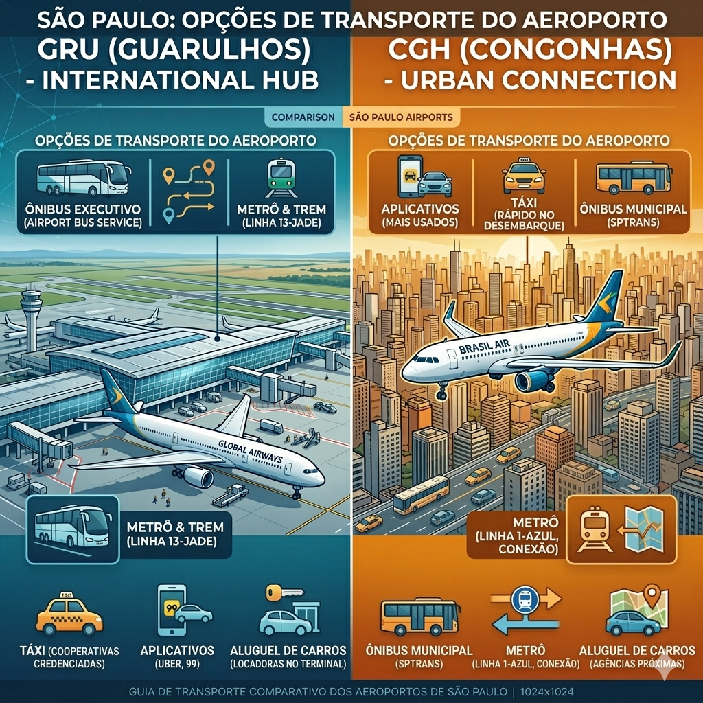 Descubra as melhores opções de transporte ao sair do Aeroporto Internacional de São Paulo (GRU) e do Aeroporto de Congonhas (CGH) para tornar sua viagem mais fácil e eficiente.