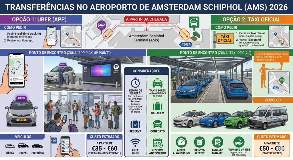 Qual a melhor opção para seu transfer do Aeroporto de Amsterdam Schiphol (AMS) em 2026? Esta imagem ilustra a escolha entre a conveniência do Uber e o serviço tradicional de táxi.