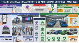 Qual a melhor opção para seu transfer do Aeroporto de Amsterdam Schiphol (AMS) em 2026? Esta imagem ilustra a escolha entre a conveniência do Uber e o serviço tradicional de táxi.