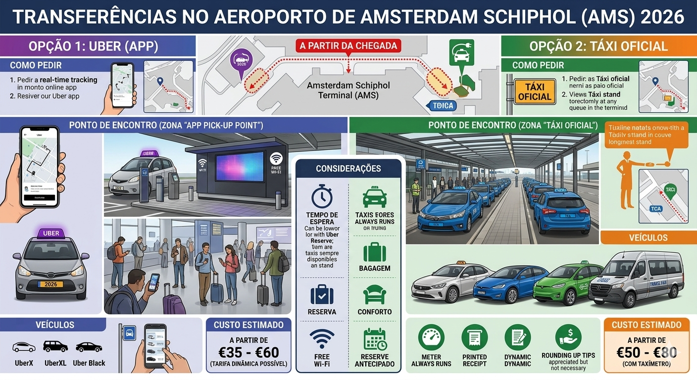 Qual a melhor opção para seu transfer do Aeroporto de Amsterdam Schiphol (AMS) em 2026? Esta imagem ilustra a escolha entre a conveniência do Uber e o serviço tradicional de táxi.