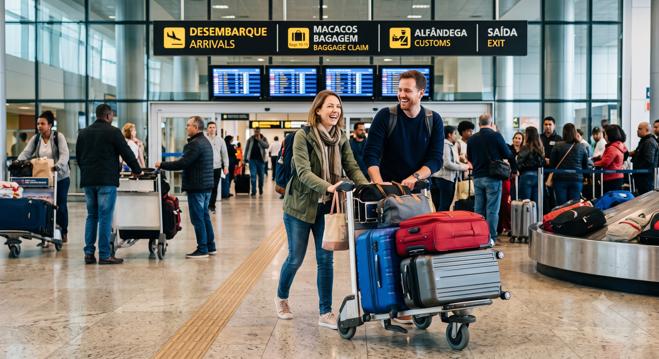 Viajante passando com malas pela área de desembarque internacional de um aeroporto moderno com placas de sinalização da receita federal