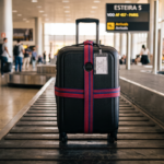 Uma mala de viagem com uma fita colorida brilhante amarrada na alça e uma tag de identificação pendurada, destacando-se na esteira rolante do aeroporto