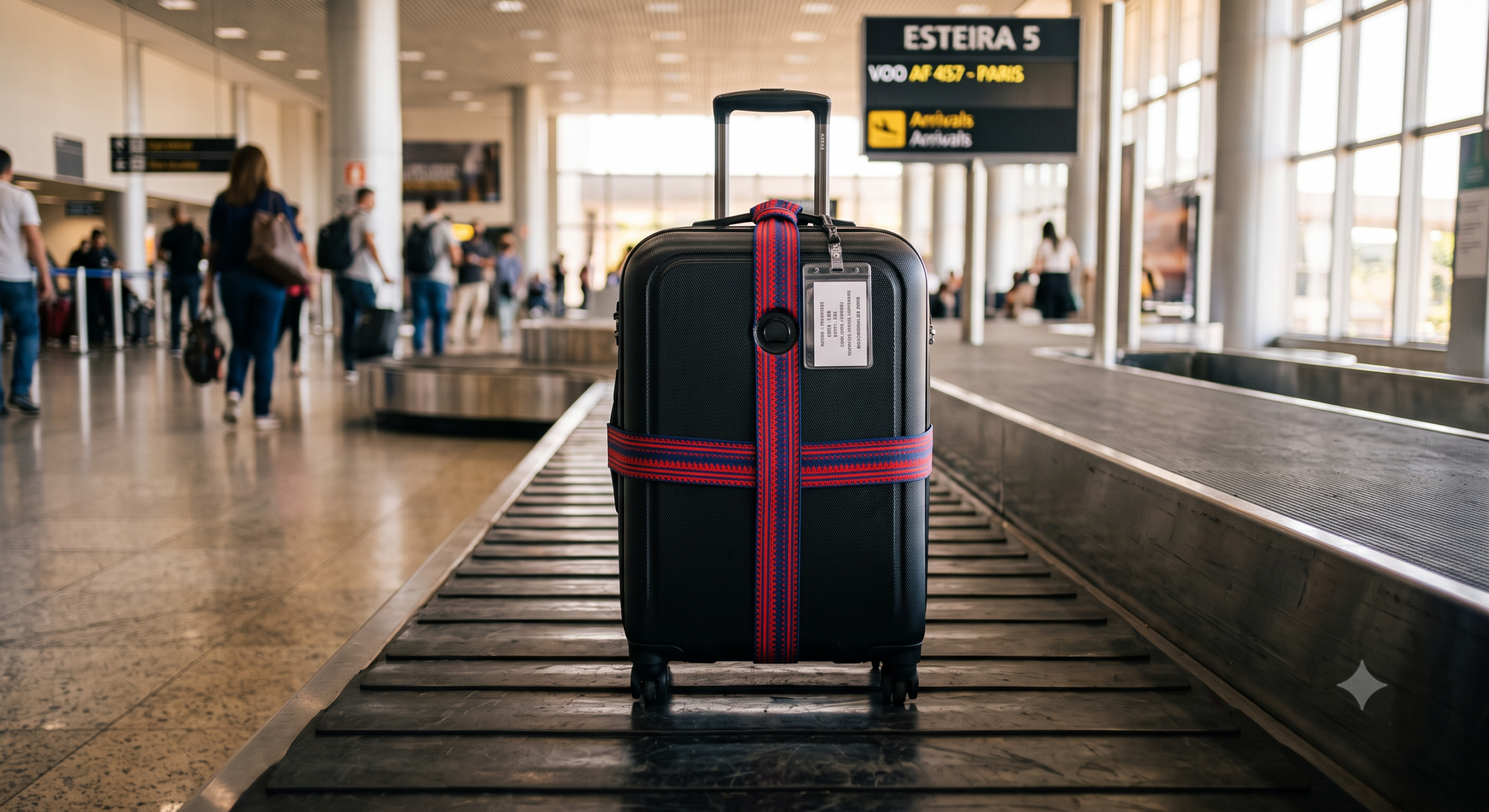 Uma mala de viagem com uma fita colorida brilhante amarrada na alça e uma tag de identificação pendurada, destacando-se na esteira rolante do aeroporto