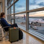 Mala de viagem preta com fita colorida e etiqueta de identificação em uma esteira rolante de aeroporto, representando cuidados com a bagagem a caminho da escala.