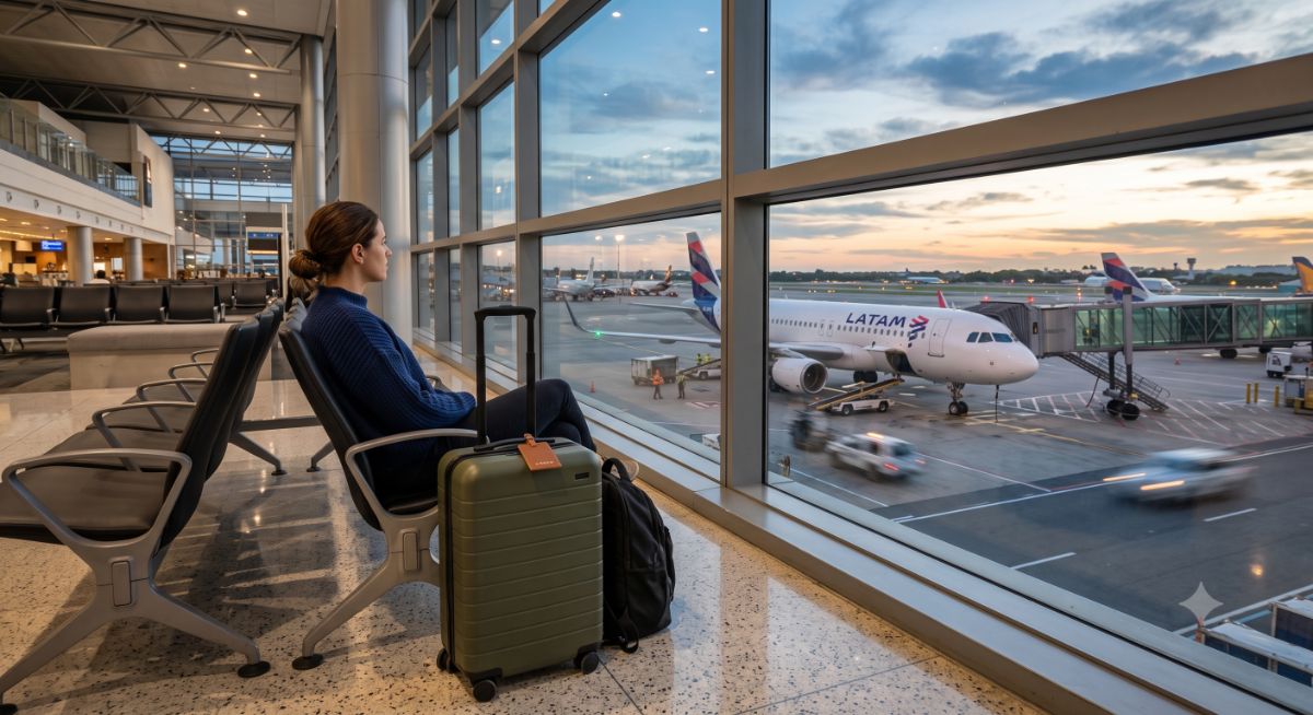 Mala de viagem preta com fita colorida e etiqueta de identificação em uma esteira rolante de aeroporto, representando cuidados com a bagagem a caminho da escala.