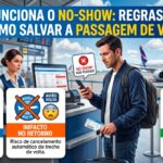 Um passageiro preocupado com um celular na mão no balcão de check-in de um aeroporto, ilustrando uma situação de no-show. A imagem contém infográficos sobre regras, multas, impacto no voo de retorno e dicas de como salvar a passagem de volta.