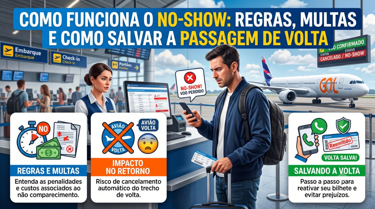 Um passageiro preocupado com um celular na mão no balcão de check-in de um aeroporto, ilustrando uma situação de no-show. A imagem contém infográficos sobre regras, multas, impacto no voo de retorno e dicas de como salvar a passagem de volta.