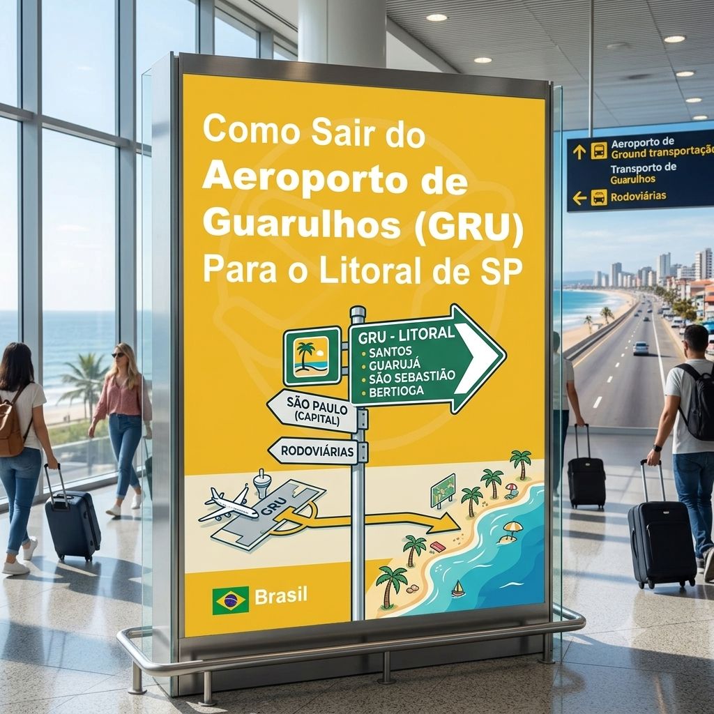 Painel informativo amarelo dentro do Aeroporto de Guarulhos (GRU) com o título "Como Sair do Aeroporto de Guarulhos (GRU) Para o Litoral de SP". O painel exibe uma ilustração de placas de sinalização turística apontando para destinos do litoral paulista como Santos, Guarujá, São Sebastião e Bertioga, além de um mapa conceitual que mostra o trajeto de um avião na pista do aeroporto em direção a uma praia com coqueiros e mar azul. Passageiros com malas de rodinha caminham ao redor do totem em um ambiente moderno e iluminado.