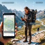 Mão segurando um smartphone com o aplicativo Google Maps aberto mostrando um mapa baixado da área offline. Ao fundo, uma mulher com mochila de trilha sorri em uma montanha com paisagem alpina sob céu azul.