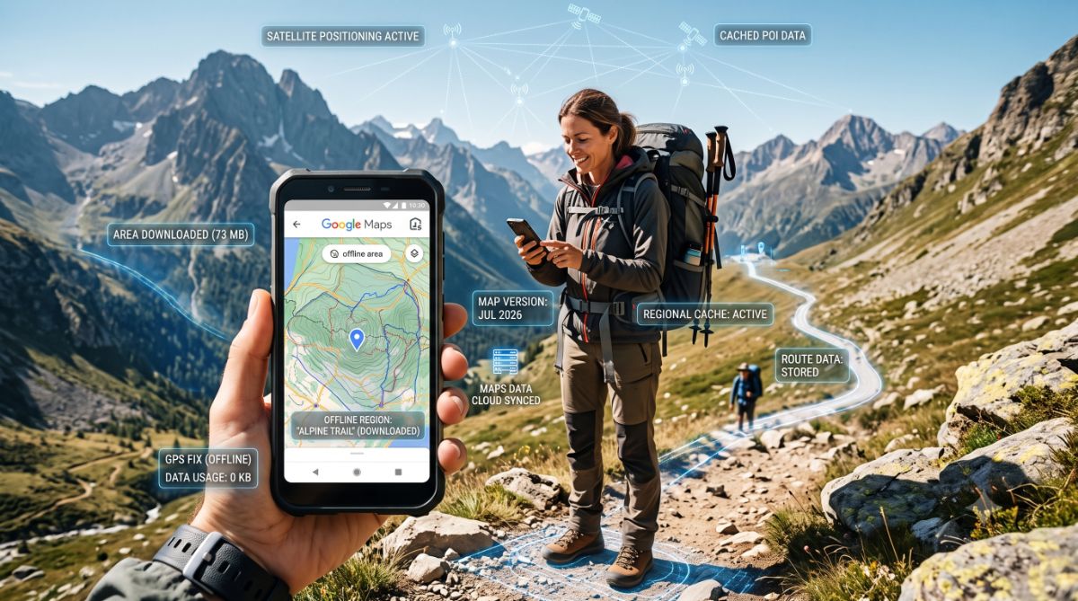 Mão segurando um smartphone com o aplicativo Google Maps aberto mostrando um mapa baixado da área offline. Ao fundo, uma mulher com mochila de trilha sorri em uma montanha com paisagem alpina sob céu azul.