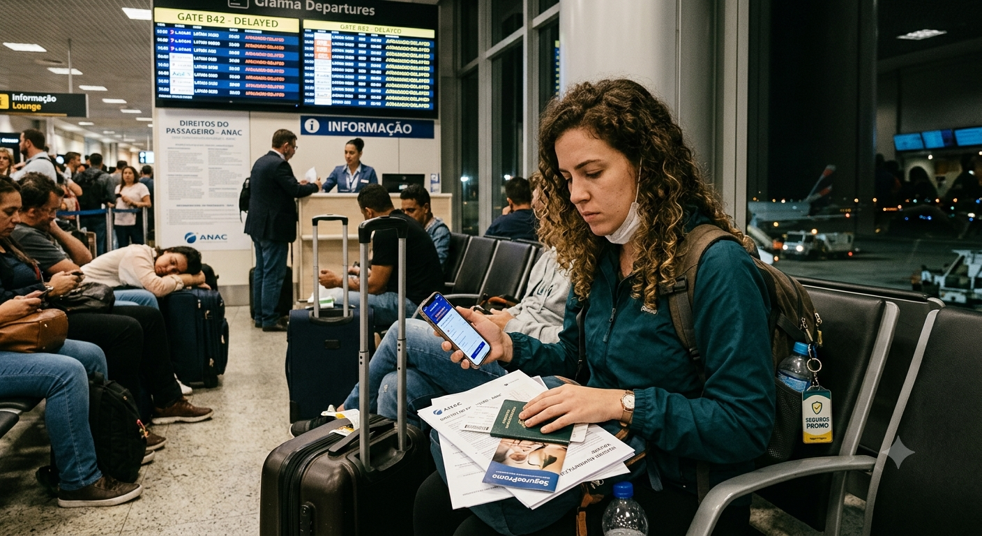 Uma jovem de cabelos cacheados sentada na sala de espera de um aeroporto à noite, com semblante preocupado, olhando para a tela do celular enquanto segura um passaporte e papéis de viagem no colo. Ao fundo, um painel digital azul de partidas exibe voos atrasados ("delayed"), e o balcão de informações da ANAC com passageiros aguardando atendimento. Meu Voo Atrasou: Quais São os Meus Direitos? (Guia...