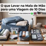 Uma mala de mão azul aberta sobre uma mesa de madeira, cercada por itens de viagem organizados: roupas perfeitamente dobradas e em rolinhos, organizadores de cabos (tech organizer), kit de higiene pessoal em embalagens transparentes, um par de tênis brancos, sandália, chapéu dobrável e uma nécessaire de primeiros socorros.