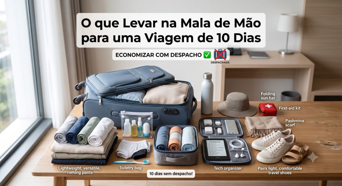 Uma mala de mão azul aberta sobre uma mesa de madeira, cercada por itens de viagem organizados: roupas perfeitamente dobradas e em rolinhos, organizadores de cabos (tech organizer), kit de higiene pessoal em embalagens transparentes, um par de tênis brancos, sandália, chapéu dobrável e uma nécessaire de primeiros socorros.