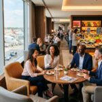 Sala VIP de aeroporto moderna com buffet de comida, poltronas confortáveis e janela com vista para avião, transmitindo conforto e tranquilidade para o viajante.