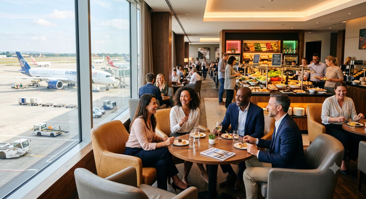 Sala VIP de aeroporto moderna com buffet de comida, poltronas confortáveis e janela com vista para avião, transmitindo conforto e tranquilidade para o viajante.