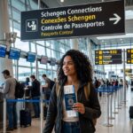 Mulher sorridente em um aeroporto europeu segurando passaporte e passagem, em frente a uma placa de sinalização que diz "Conexões Schengen - Controle de Passaportes" em português e inglês. Ao fundo, balcões de atendimento e passageiros com malas.