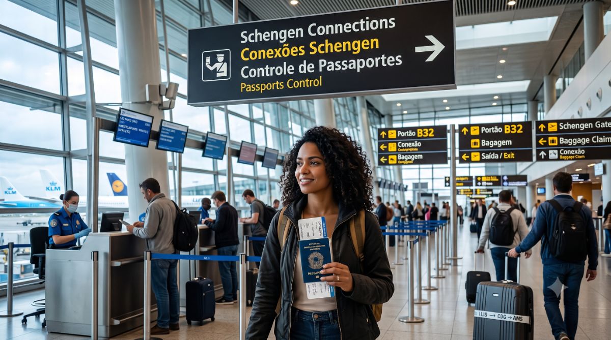 Mulher sorridente em um aeroporto europeu segurando passaporte e passagem, em frente a uma placa de sinalização que diz "Conexões Schengen - Controle de Passaportes" em português e inglês. Ao fundo, balcões de atendimento e passageiros com malas.