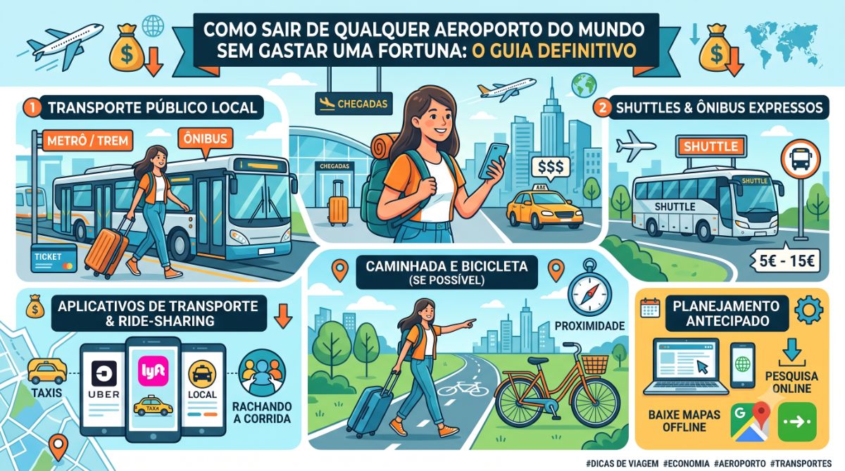 Passageiro de costas caminhando em um terminal de aeroporto moderno carregando uma mala de rodinhas em direção à sinalização de transporte público, sem gastar.