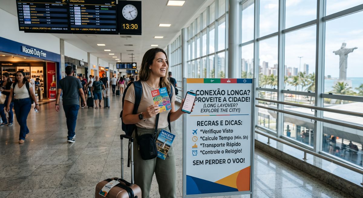 Viajante olhando o relógio de pulso sorrindo em frente a um monumento histórico com uma pequena mochila nas costas. conexao