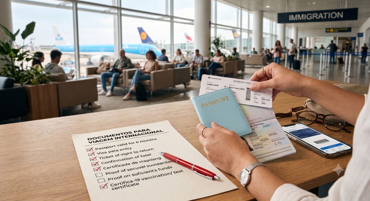 Mão de um viajante segurando um passaporte azul com passagens aéreas e um documento impresso de seguro viagem dentro de um aeroporto movimentado.