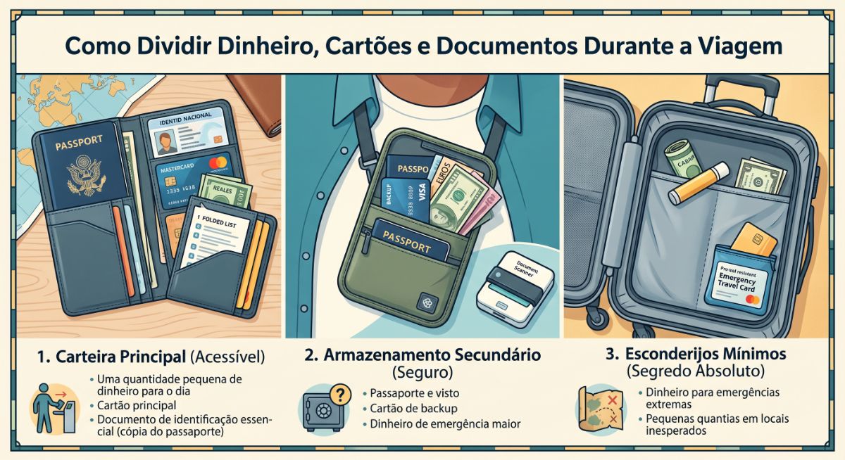Como Dividir Dinheiro, Cartões e Documentos Durante a Viagem