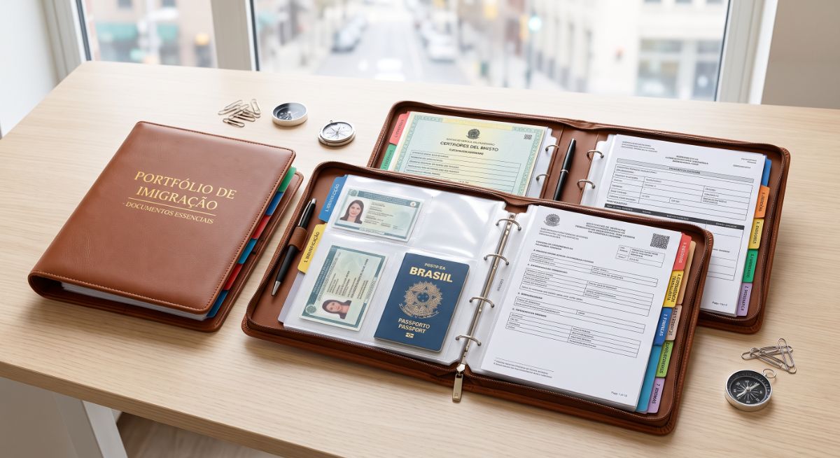 Saiba como montar uma pasta de documentos para imigração em 2026. Confira a ordem exata, comprovantes financeiros, hospedagem e seguro para evitar problemas.