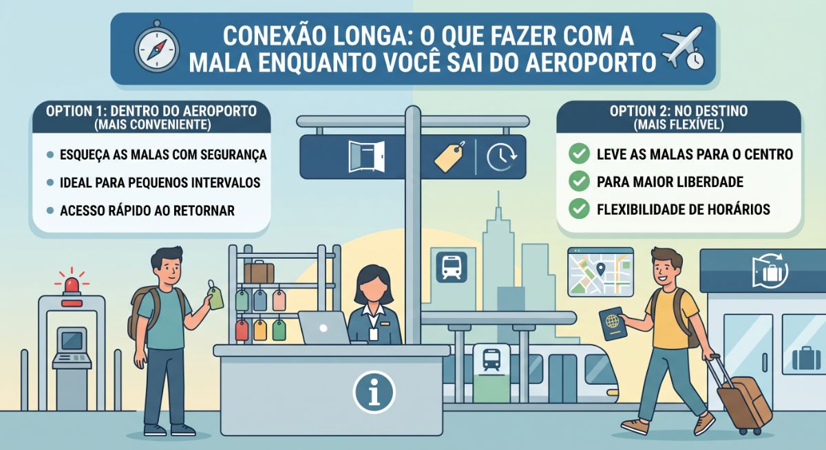 Vai sair do aeroporto em uma conexão longa em 2026? Saiba o que fazer com as malas despachadas e onde guardar a bagagem de mão com segurança.