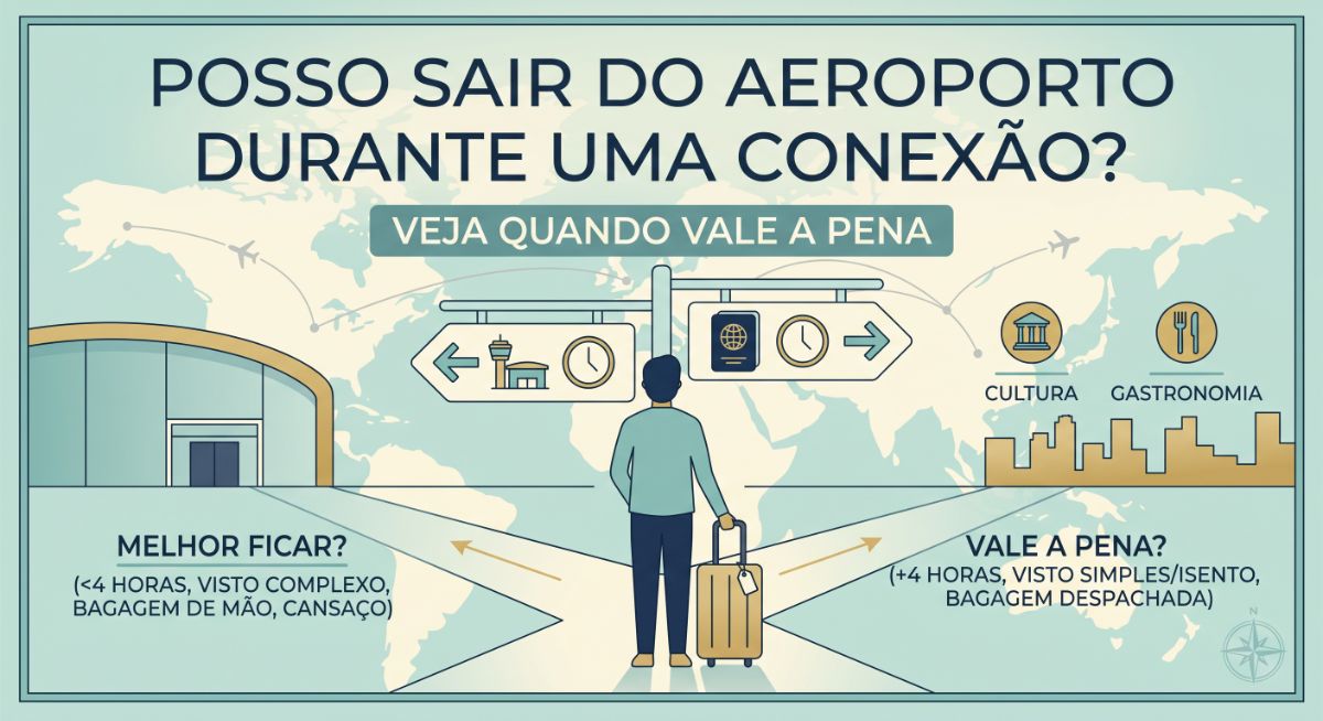 Posso sair do aeroporto durante uma conexão longa em 2026? Calcule o tempo real livre, veja regras de imigração, bagagem despachada e riscos de perda de voo.
